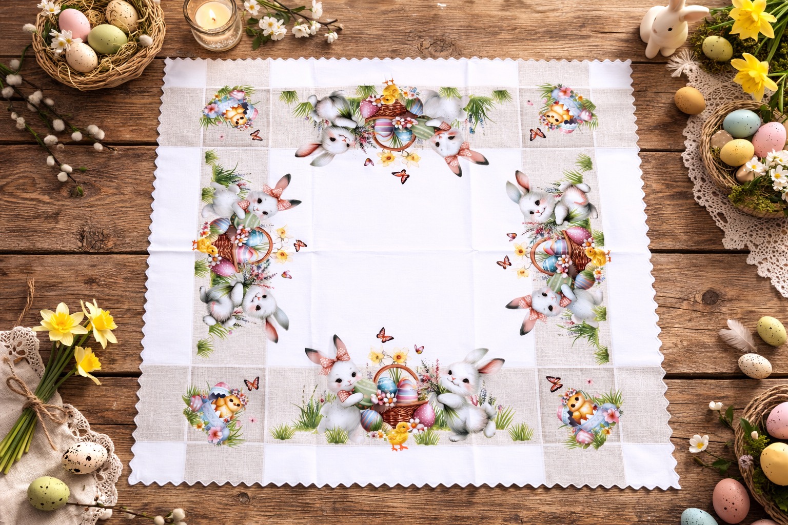 WIELKANOCNA NAKŁADKA NA STÓŁ Z NADRUKIEM  85X85 CM