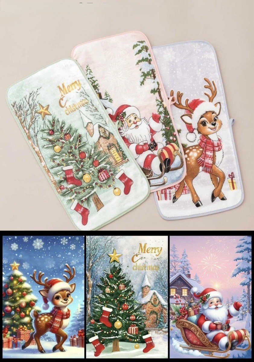 🎄 ŚCIERKI ŚWIĄTECZNE Z MIKROFIBRY 25×50 CM – 4 SZT. 🎄