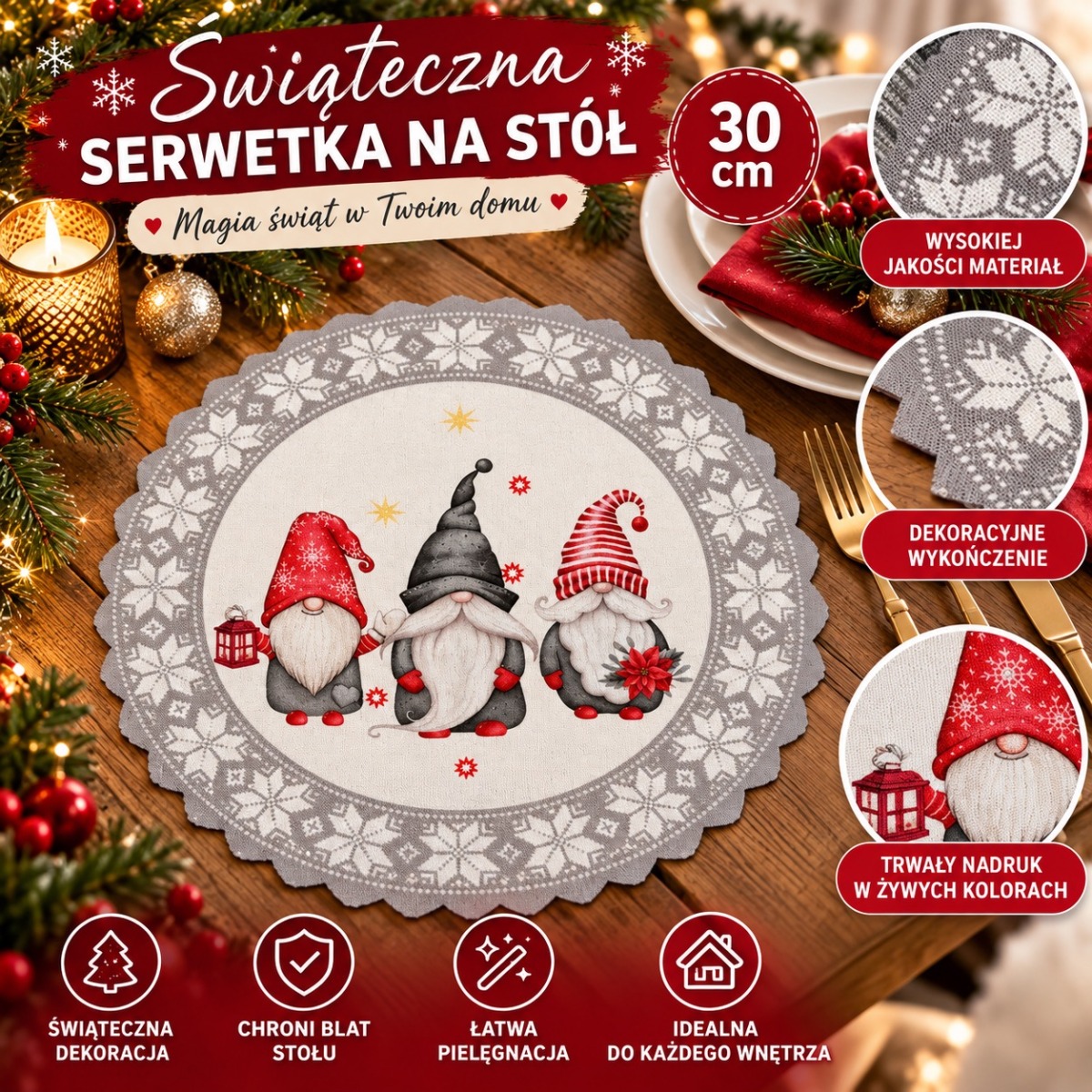 Serwetka Świąteczna 30 cm Okrągła na Stół Boże Narodzenie Poliester