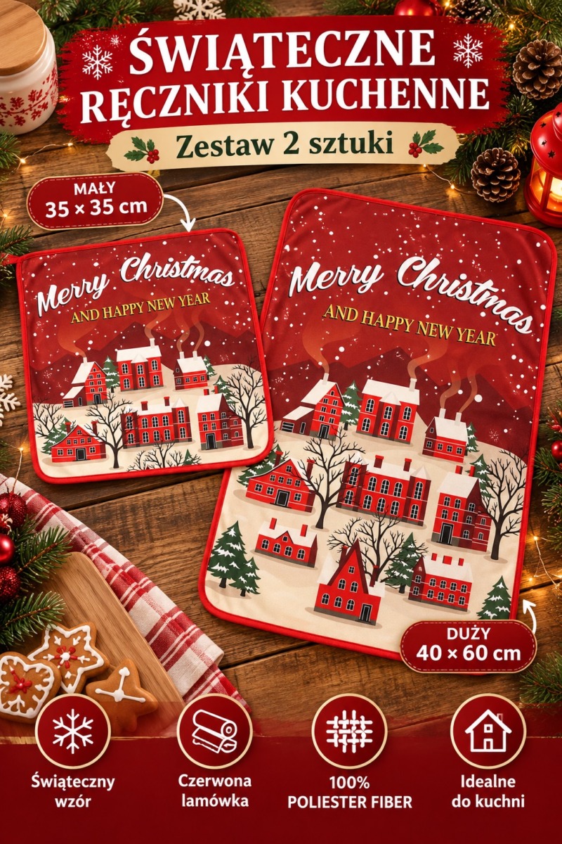 Komplet 2 Ręczników Świątecznych 35×35 + 40×60 cm Kuchenne Boże Narodzenie