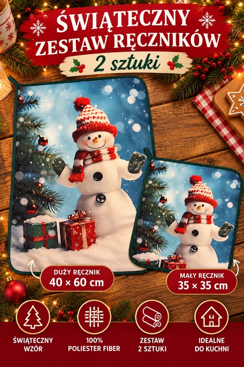 Komplet 2 Ręczników Świątecznych 35×35 + 40×60 cm Kuchenne Boże Narodzenie