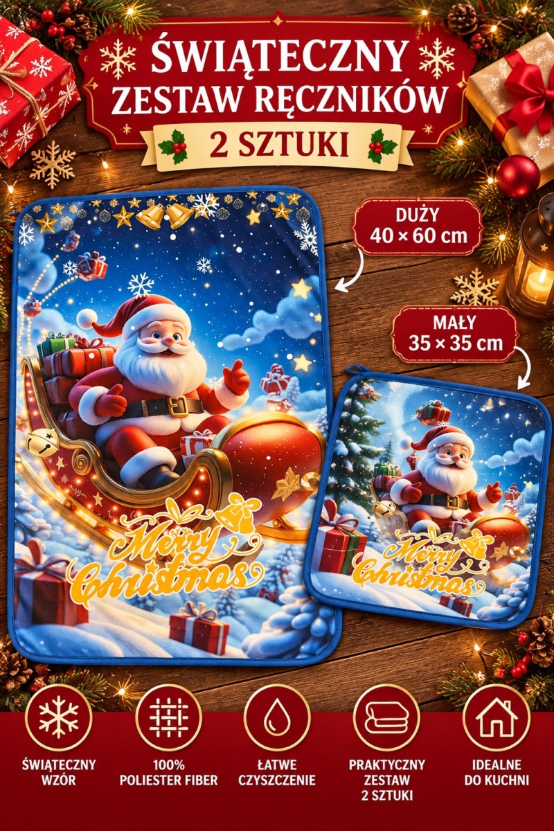 Komplet 2 Ręczników Świątecznych 35×35 + 40×60 cm Kuchenne Boże Narodzenie