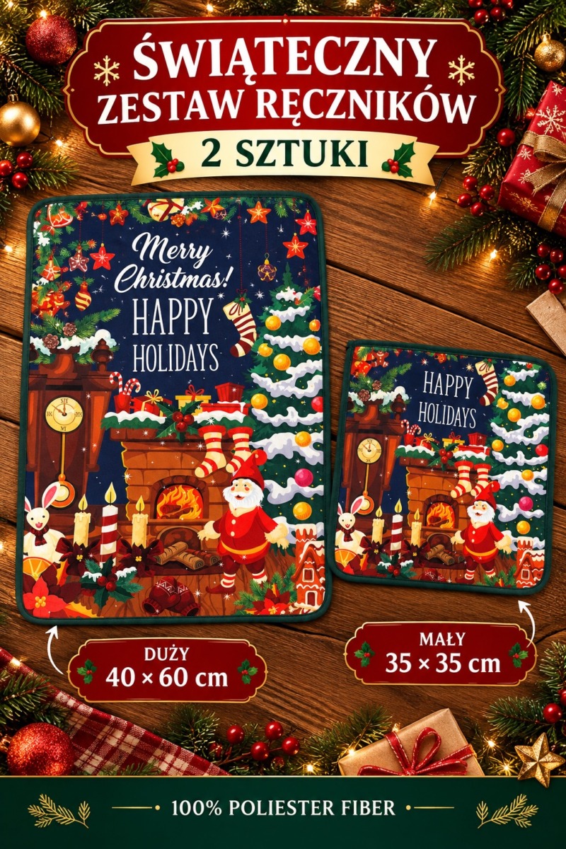 Komplet 2 Ręczników Świątecznych 35×35 + 40×60 cm Kuchenne Boże Narodzenie