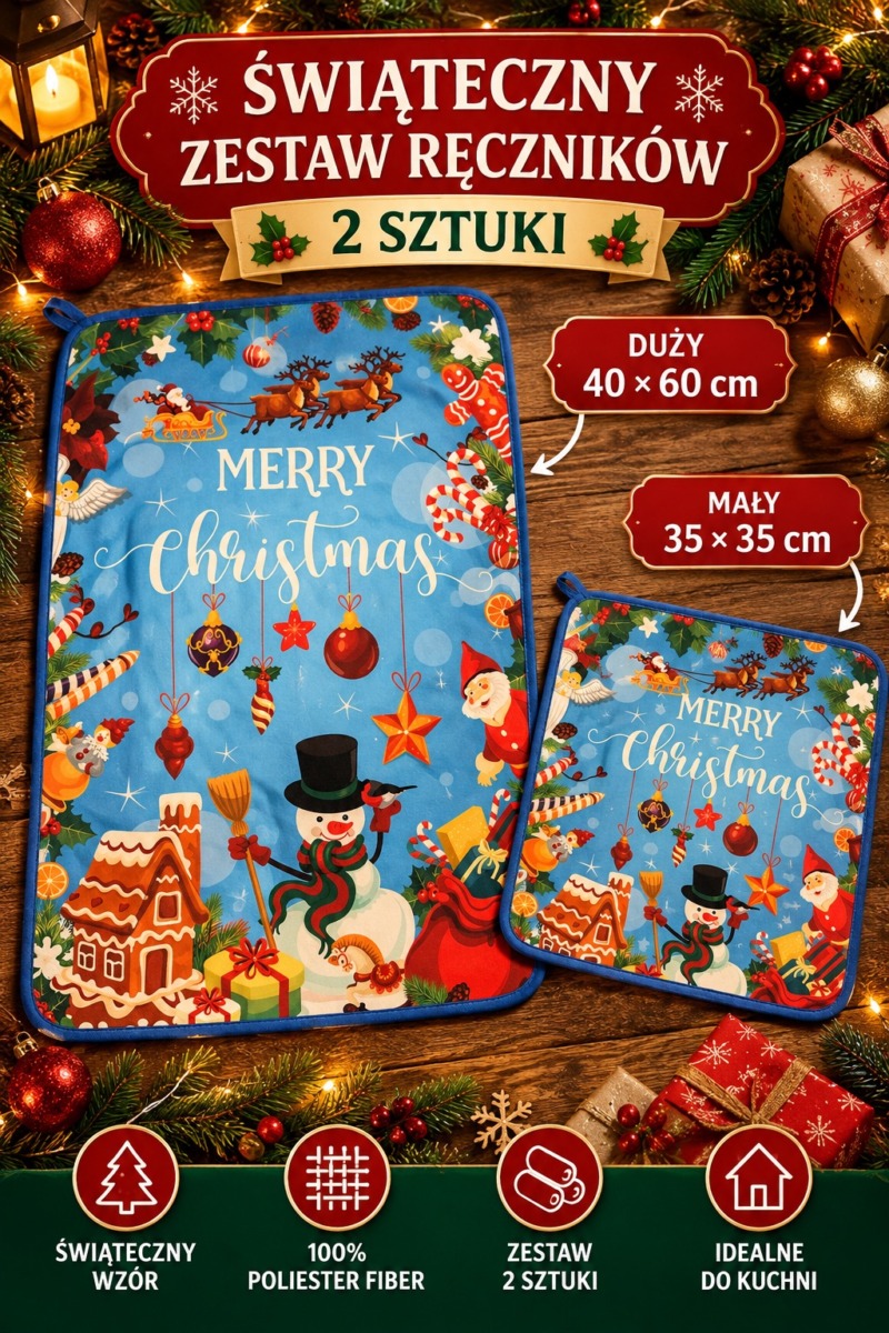 Komplet 2 Ręczników Świątecznych 35×35 + 40×60 cm Kuchenne Boże Narodzenie