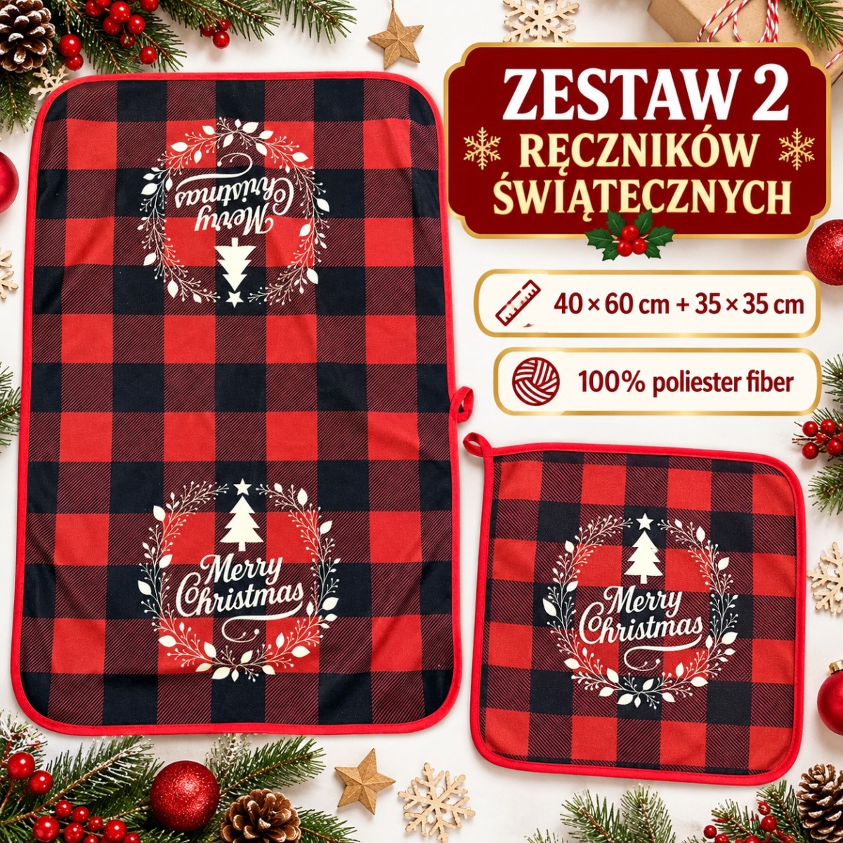 Komplet 2 Ręczników Świątecznych 35×35 + 40×60 cm Kuchenne Boże Narodzenie